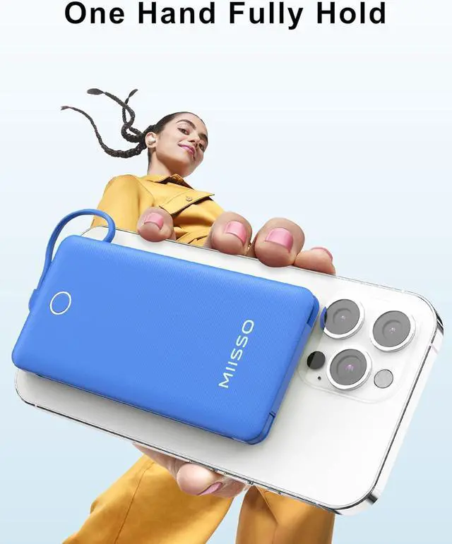 Alt view image 3 of 7 - miisso 10000mAh Slim Portable Charger with Built in Cable, Power Bank Travel Charger External Battery Pack for Phone, 4 Output USB Type C Cord Clutch Charger Compatible with iPhone, Deep Blue