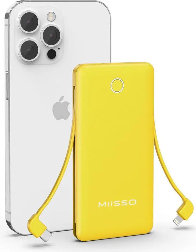 Main image of miisso 10000mAh Slim Portable Charger with Built in Cable, Power Bank Travel Charger External Battery Pack for Phone, 4 Output USB Type C Cord Clutch Charger Compatible with iPhone, Yellow
