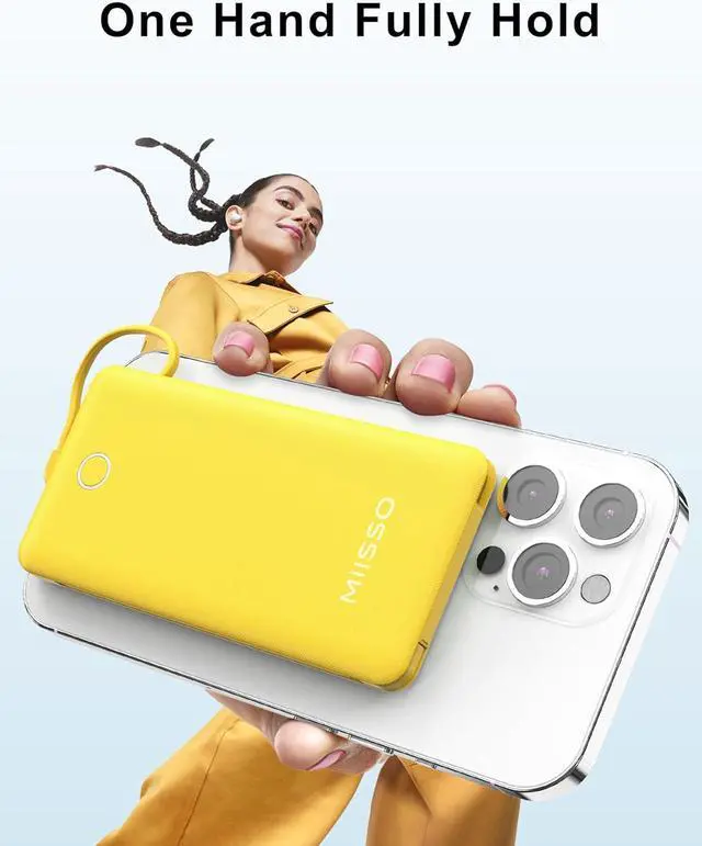 Alt view image 3 of 7 - miisso 10000mAh Slim Portable Charger with Built in Cable, Power Bank Travel Charger External Battery Pack for Phone, 4 Output USB Type C Cord Clutch Charger Compatible with iPhone, Yellow