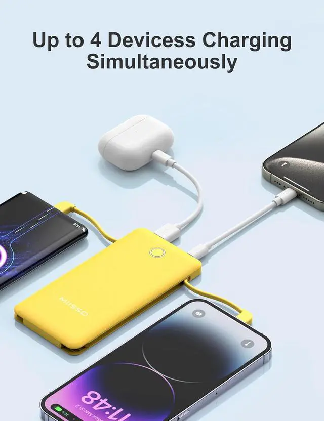 Alt view image 4 of 7 - miisso 10000mAh Slim Portable Charger with Built in Cable, Power Bank Travel Charger External Battery Pack for Phone, 4 Output USB Type C Cord Clutch Charger Compatible with iPhone, Yellow