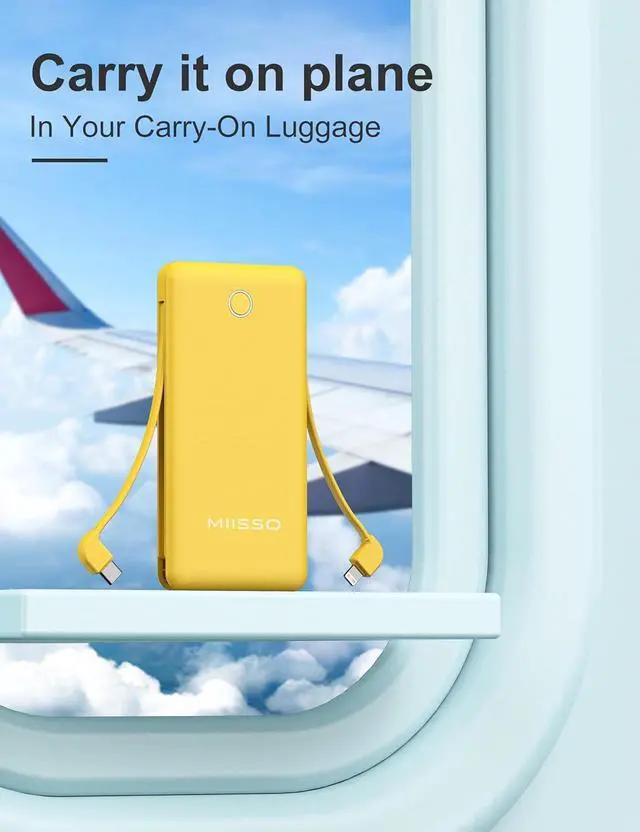 Alt view image 6 of 7 - miisso 10000mAh Slim Portable Charger with Built in Cable, Power Bank Travel Charger External Battery Pack for Phone, 4 Output USB Type C Cord Clutch Charger Compatible with iPhone, Yellow