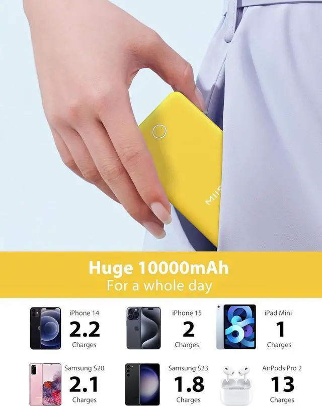 Alt view image 5 of 7 - miisso 10000mAh Slim Portable Charger with Built in Cable, Power Bank Travel Charger External Battery Pack for Phone, 4 Output USB Type C Cord Clutch Charger Compatible with iPhone, Yellow