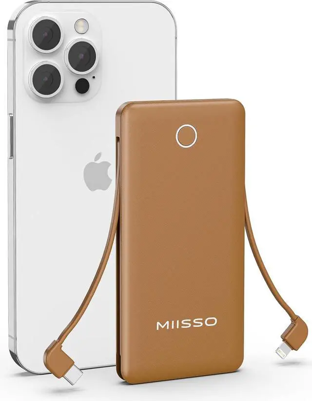 Main image of 10000mAh Slim Portable Charger with Built in Cable, Power Bank Travel Charger External Battery Pack for Phone, 4 Output USB Type C Cord Clutch Charger Compatible with iPhone, Brown