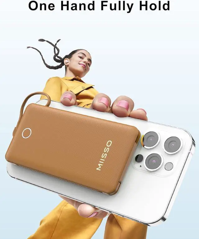 Alt view image 3 of 7 - 10000mAh Slim Portable Charger with Built in Cable, Power Bank Travel Charger External Battery Pack for Phone, 4 Output USB Type C Cord Clutch Charger Compatible with iPhone, Brown