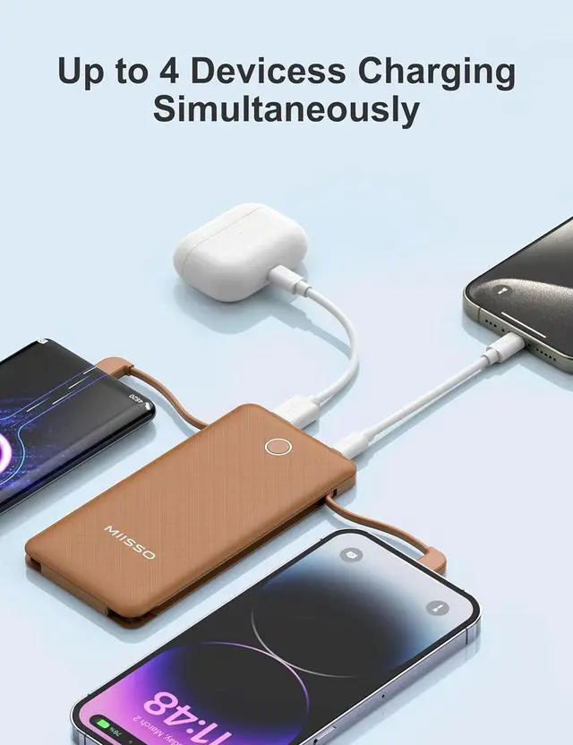 Alt view image 4 of 7 - 10000mAh Slim Portable Charger with Built in Cable, Power Bank Travel Charger External Battery Pack for Phone, 4 Output USB Type C Cord Clutch Charger Compatible with iPhone, Brown