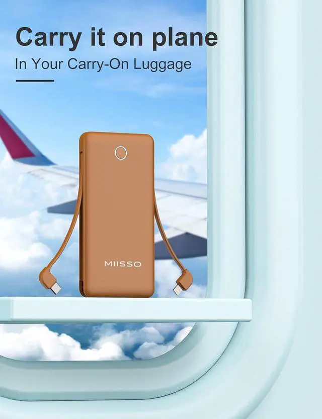 Alt view image 6 of 7 - 10000mAh Slim Portable Charger with Built in Cable, Power Bank Travel Charger External Battery Pack for Phone, 4 Output USB Type C Cord Clutch Charger Compatible with iPhone, Brown