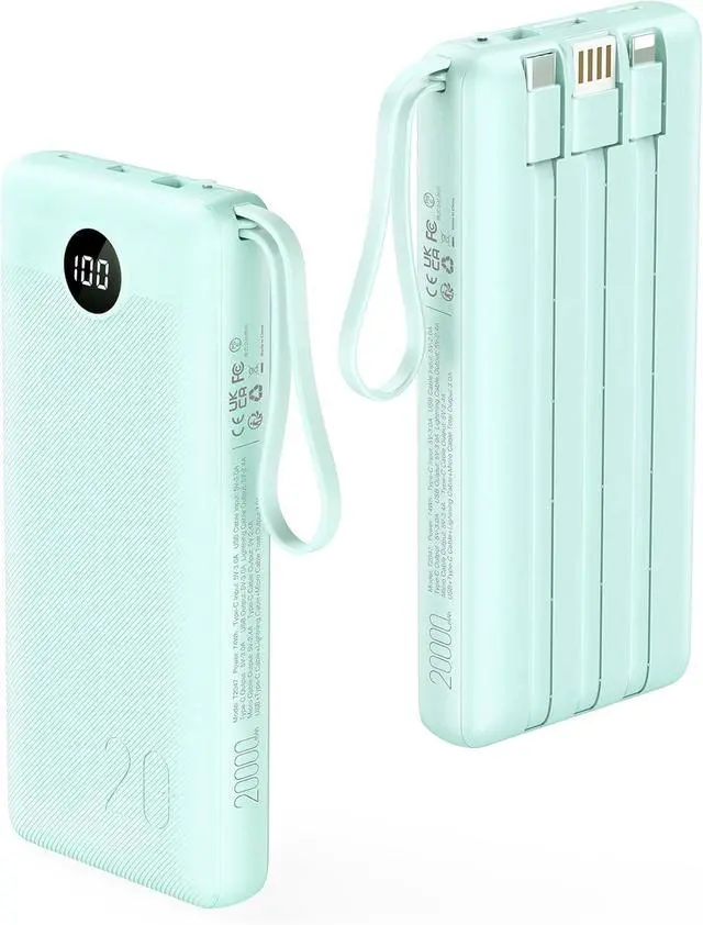 Main image of Portable Charger 20000mAh Built-in Cables Fast Charging Power Bank PD QC 3.0 Travel Essentials Battery Pack 4 Output & 2 Input Phone Charger for iPhone16 15 14 13 X  Android-Green