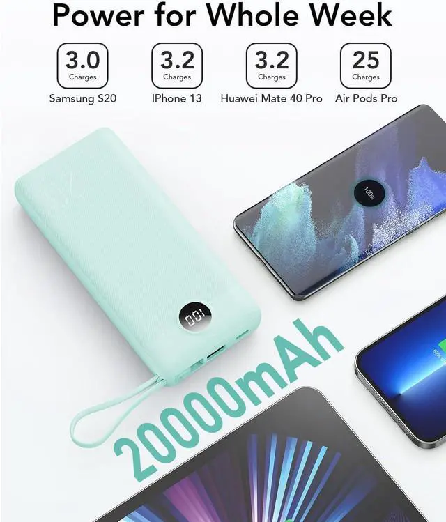Alt view image 2 of 7 - Portable Charger 20000mAh Built-in Cables Fast Charging Power Bank PD QC 3.0 Travel Essentials Battery Pack 4 Output & 2 Input Phone Charger for iPhone16 15 14 13 X  Android-Green