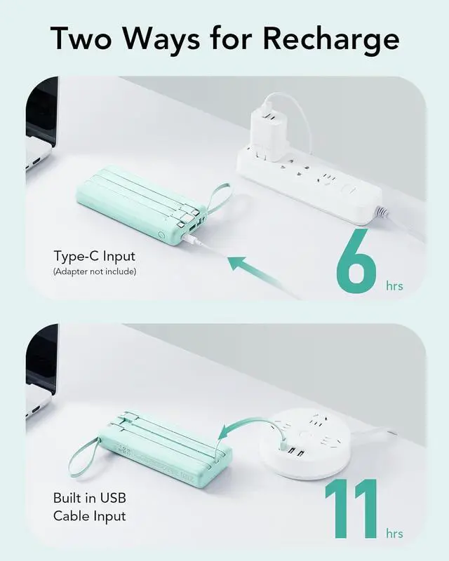 Alt view image 6 of 7 - Portable Charger 20000mAh Built-in Cables Fast Charging Power Bank PD QC 3.0 Travel Essentials Battery Pack 4 Output & 2 Input Phone Charger for iPhone16 15 14 13 X  Android-Green