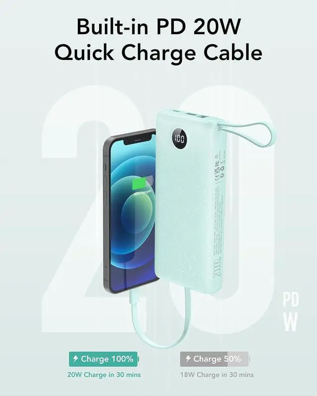Alt view image 4 of 7 - Portable Charger 20000mAh Built-in Cables Fast Charging Power Bank PD QC 3.0 Travel Essentials Battery Pack 4 Output & 2 Input Phone Charger for iPhone16 15 14 13 X  Android-Green