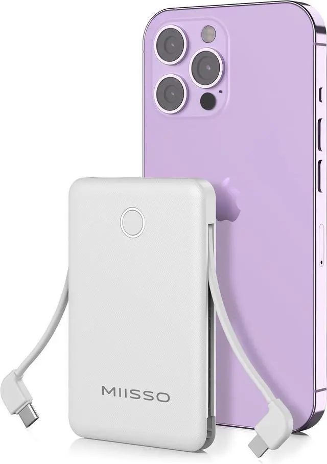 Main image of miisso 6000mah Ultra Slim Built in Cables Power Bank, Card Size Built in USB C Cords Battery Pack Portable Charger for Phones, 3 Output External Battery Pack Compatible with iPhone, Snow White