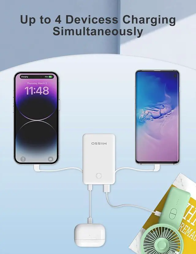 Alt view image 4 of 7 - miisso 6000mah Ultra Slim Built in Cables Power Bank, Card Size Built in USB C Cords Battery Pack Portable Charger for Phones, 3 Output External Battery Pack Compatible with iPhone, Snow White
