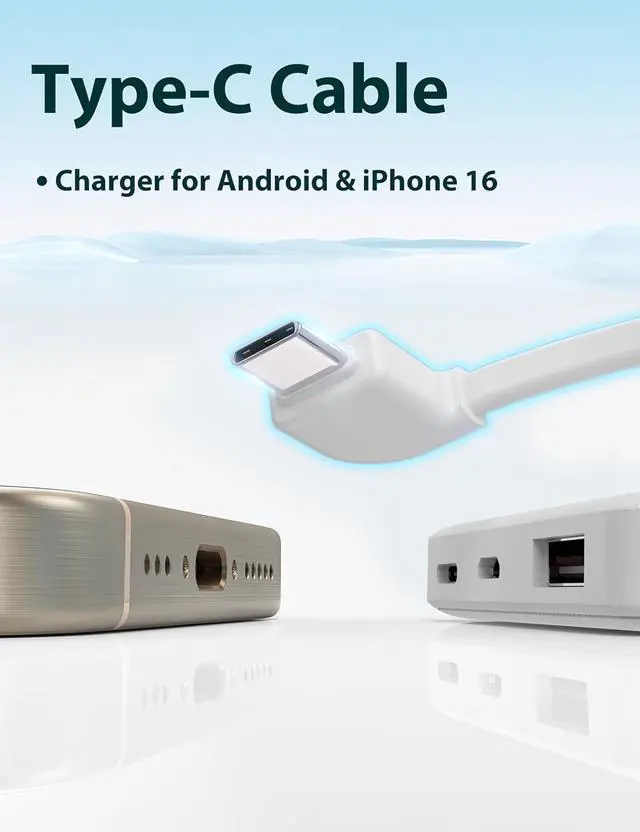 Alt view image 7 of 7 - miisso 6000mah Ultra Slim Built in Cables Power Bank, Card Size Built in USB C Cords Battery Pack Portable Charger for Phones, 3 Output External Battery Pack Compatible with iPhone, Snow White