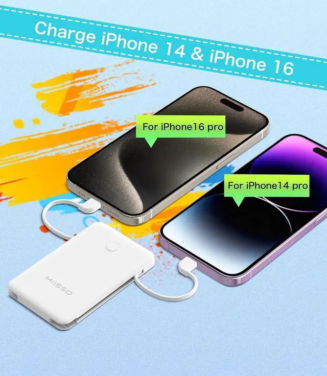 Alt view image 5 of 7 - miisso 6000mah Ultra Slim Built in Cables Power Bank, Card Size Built in USB C Cords Battery Pack Portable Charger for Phones, 3 Output External Battery Pack Compatible with iPhone, Snow White