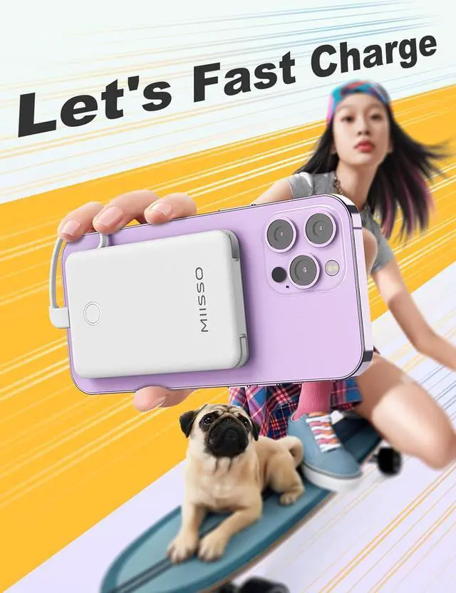 Alt view image 6 of 7 - miisso 6000mah Ultra Slim Built in Cables Power Bank, Card Size Built in USB C Cords Battery Pack Portable Charger for Phones, 3 Output External Battery Pack Compatible with iPhone, Snow White