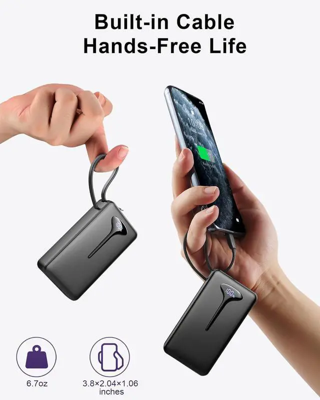 Alt view image 3 of 7 - 10000mAh Power Bank, 2025 Portable Charger USB C, 22.5W Fast Charging Power Bank with Built in Cable, Travel Portable Phone Charger with 3 Output HD LED Display Battery Pack for iPhone Android Laptop