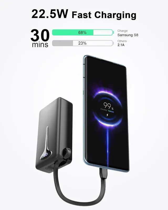 Alt view image 2 of 7 - 10000mAh Power Bank, 2025 Portable Charger USB C, 22.5W Fast Charging Power Bank with Built in Cable, Travel Portable Phone Charger with 3 Output HD LED Display Battery Pack for iPhone Android Laptop