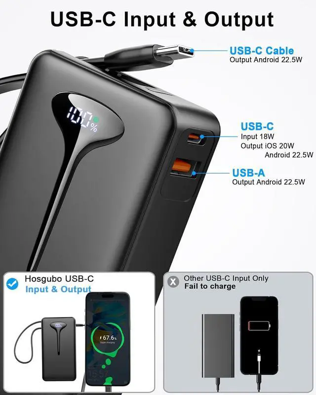 Alt view image 4 of 7 - 10000mAh Power Bank, 2025 Portable Charger USB C, 22.5W Fast Charging Power Bank with Built in Cable, Travel Portable Phone Charger with 3 Output HD LED Display Battery Pack for iPhone Android Laptop