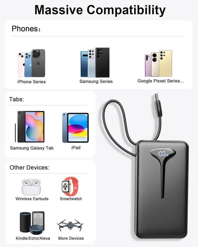 Alt view image 7 of 7 - 10000mAh Power Bank, 2025 Portable Charger USB C, 22.5W Fast Charging Power Bank with Built in Cable, Travel Portable Phone Charger with 3 Output HD LED Display Battery Pack for iPhone Android Laptop
