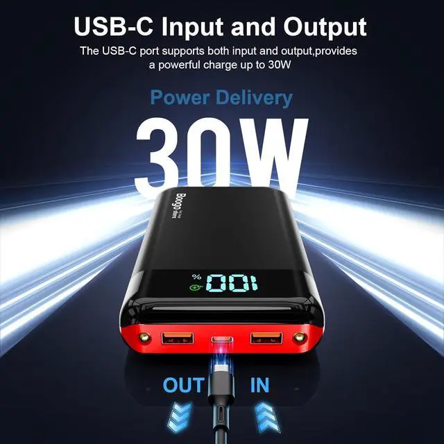 Alt view image 2 of 7 - Portable Charger Power Bank 52800mAh Powerbank PD 30W and QC 4.0 Fast Charging Built-in Bright flashlight LED Display 2 USB 1Type-C Output External Battery Pack for iPhone, Samsung, iPad etc (red)