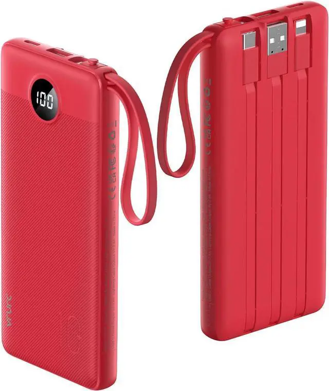 Main image of VRURC Portable Charger, 10000mAh Power Bank Built in Cables for iPhone, Slim Compact Travel Essentail, 5 Outputs 2 Inputs USB C Battery Pack for iPhone 16 15 14 13, Samsung, Android etc-Red