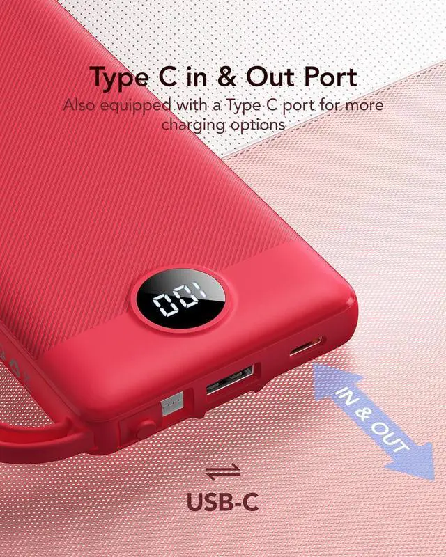 Alt view image 4 of 7 - VRURC Portable Charger, 10000mAh Power Bank Built in Cables for iPhone, Slim Compact Travel Essentail, 5 Outputs 2 Inputs USB C Battery Pack for iPhone 16 15 14 13, Samsung, Android etc-Red