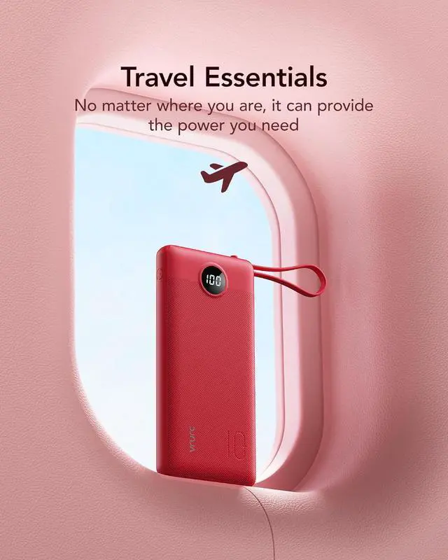 Alt view image 6 of 7 - VRURC Portable Charger, 10000mAh Power Bank Built in Cables for iPhone, Slim Compact Travel Essentail, 5 Outputs 2 Inputs USB C Battery Pack for iPhone 16 15 14 13, Samsung, Android etc-Red