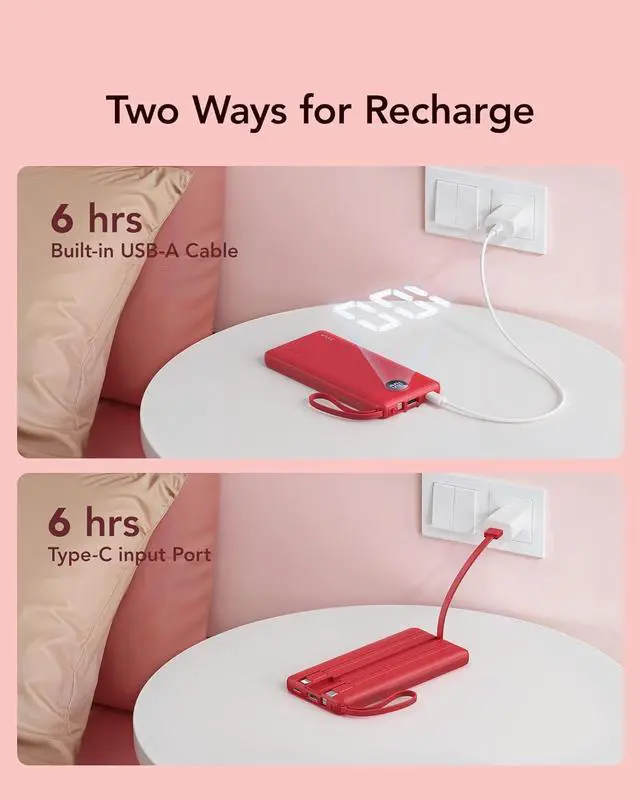 Alt view image 7 of 7 - VRURC Portable Charger, 10000mAh Power Bank Built in Cables for iPhone, Slim Compact Travel Essentail, 5 Outputs 2 Inputs USB C Battery Pack for iPhone 16 15 14 13, Samsung, Android etc-Red