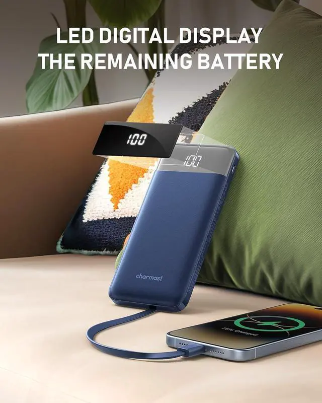 Alt view image 7 of 7 - Charmast Portable Charger with Built in Cables, 10000mAh Slim Power Bank, 15W USB C in&Out Port High Speed Charging External Charger, Battery Pack Compatible with iPhone 16 15 13 Samsung Google iPad