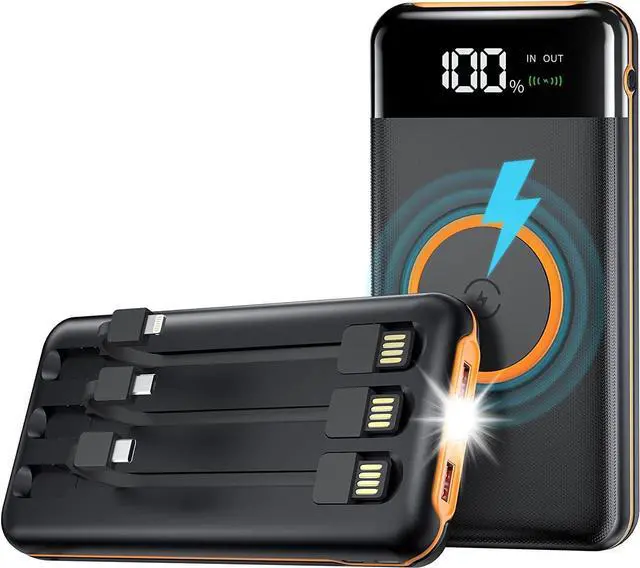 Main image of Portable Power Bank Charger,40000mAh Power Bank Flashlight 5V3.1A Fast Charger and Built in Out/Input Cables 10W Wireless Charger for Smart Devices and Cell Phones (Orange)