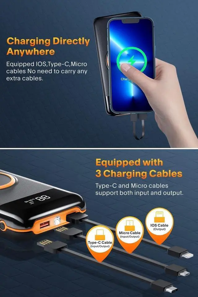 Alt view image 2 of 7 - Portable Power Bank Charger,40000mAh Power Bank Flashlight 5V3.1A Fast Charger and Built in Out/Input Cables 10W Wireless Charger for Smart Devices and Cell Phones (Orange)