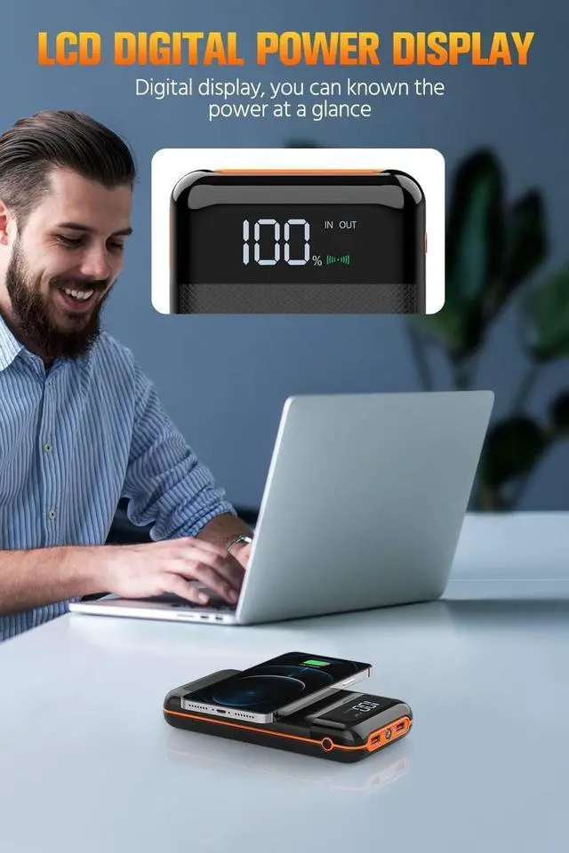 Alt view image 5 of 7 - Portable Power Bank Charger,40000mAh Power Bank Flashlight 5V3.1A Fast Charger and Built in Out/Input Cables 10W Wireless Charger for Smart Devices and Cell Phones (Orange)