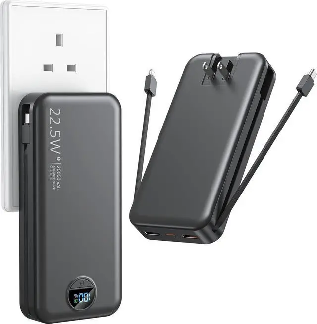 Main image of Portable Charger with Wall Plug 20000mAh USB C Power Bank Fast Charging External Battery Pack with Built in Cables Digital Display 5 Output 2 Input for iPhone Android Cell Phone Tablet