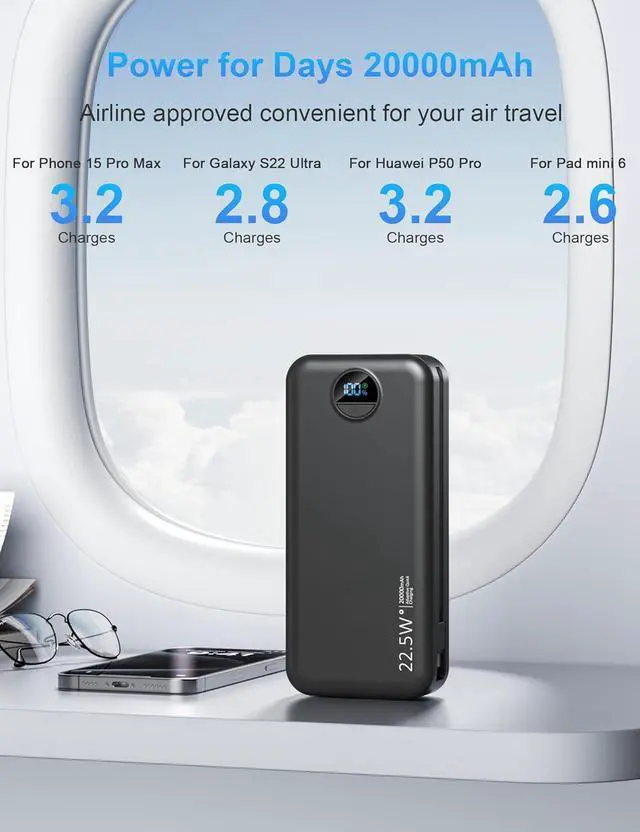 Alt view image 3 of 7 - Portable Charger with Wall Plug 20000mAh USB C Power Bank Fast Charging External Battery Pack with Built in Cables Digital Display 5 Output 2 Input for iPhone Android Cell Phone Tablet