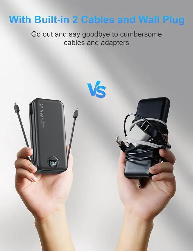 Alt view image 2 of 7 - Portable Charger with Wall Plug 20000mAh USB C Power Bank Fast Charging External Battery Pack with Built in Cables Digital Display 5 Output 2 Input for iPhone Android Cell Phone Tablet