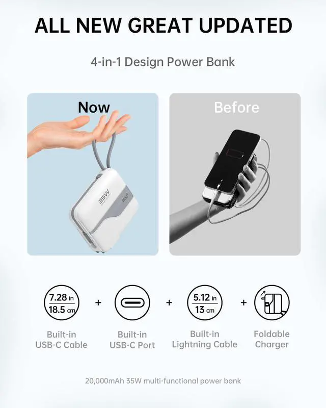 Alt view image 3 of 7 - W&P Portable Charger Power Bank with Built in Cables & AC Wall Plug,35W Fast Charging,20000mAh External Battery Pack for iPhone 16/15/14/13/12 Pro, iPad, MacBook Air, Samsung (Travel Essential)