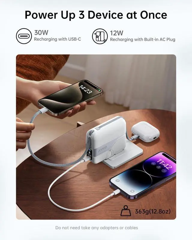 Alt view image 2 of 7 - W&P Portable Charger Power Bank with Built in Cables & AC Wall Plug,35W Fast Charging,20000mAh External Battery Pack for iPhone 16/15/14/13/12 Pro, iPad, MacBook Air, Samsung (Travel Essential)
