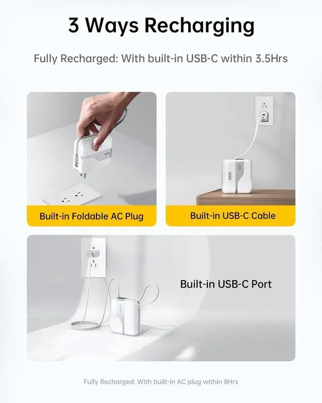 Alt view image 4 of 7 - W&P Portable Charger Power Bank with Built in Cables & AC Wall Plug,35W Fast Charging,20000mAh External Battery Pack for iPhone 16/15/14/13/12 Pro, iPad, MacBook Air, Samsung (Travel Essential)