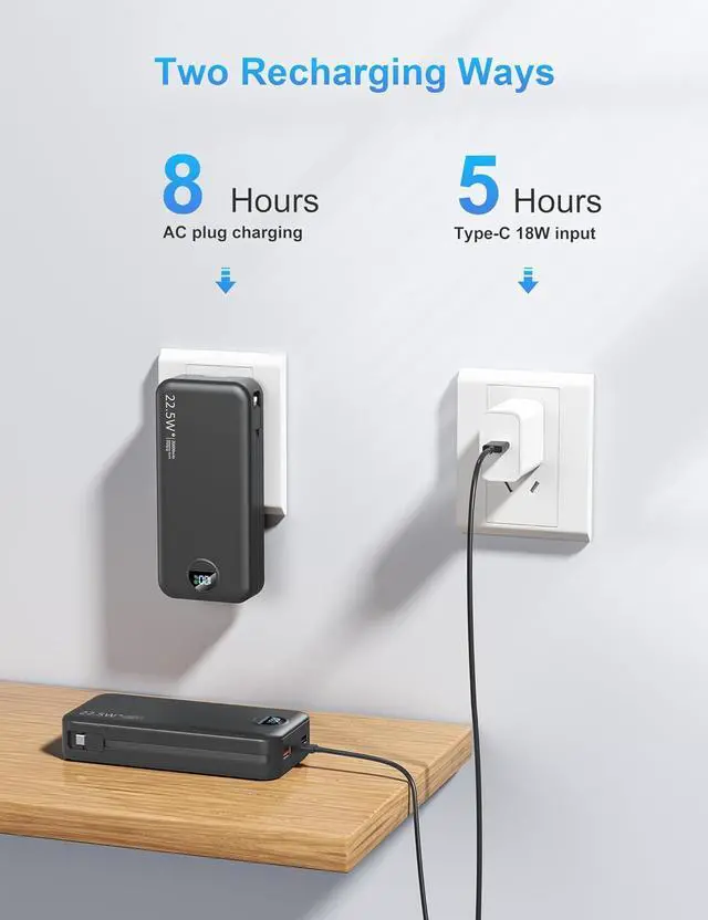 Alt view image 6 of 7 - Portable Charger with Wall Plug 20000mAh USB C Power Bank Fast Charging External Battery Pack with Built in Cables Digital Display 5 Output 2 Input for iPhone Android Cell Phone Tablet