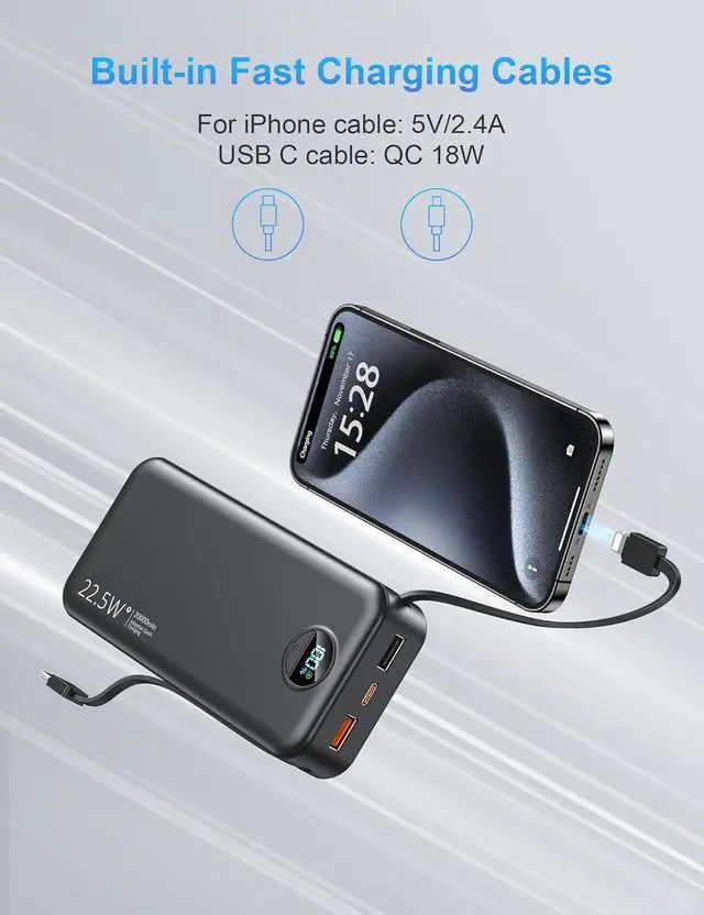 Alt view image 5 of 7 - Portable Charger with Wall Plug 20000mAh USB C Power Bank Fast Charging External Battery Pack with Built in Cables Digital Display 5 Output 2 Input for iPhone Android Cell Phone Tablet