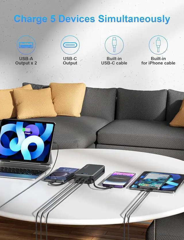 Alt view image 7 of 7 - Portable Charger with Wall Plug 20000mAh USB C Power Bank Fast Charging External Battery Pack with Built in Cables Digital Display 5 Output 2 Input for iPhone Android Cell Phone Tablet
