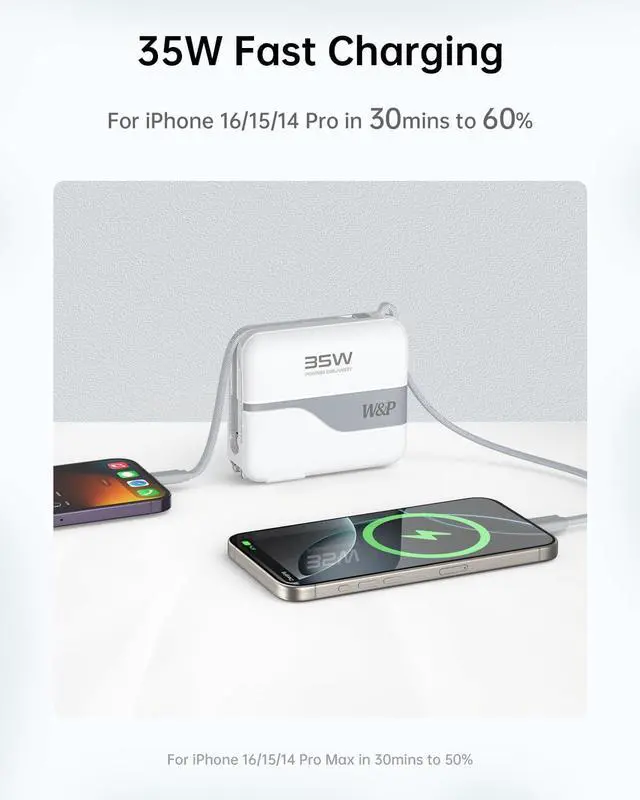 Alt view image 5 of 7 - W&P Portable Charger Power Bank with Built in Cables & AC Wall Plug,35W Fast Charging,20000mAh External Battery Pack for iPhone 16/15/14/13/12 Pro, iPad, MacBook Air, Samsung (Travel Essential)
