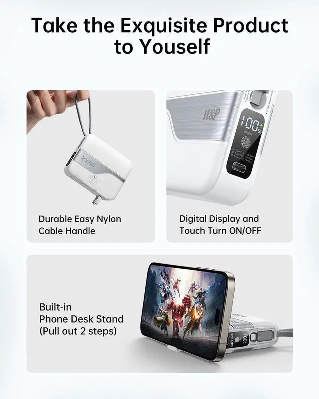 Alt view image 6 of 7 - W&P Portable Charger Power Bank with Built in Cables & AC Wall Plug,35W Fast Charging,20000mAh External Battery Pack for iPhone 16/15/14/13/12 Pro, iPad, MacBook Air, Samsung (Travel Essential)