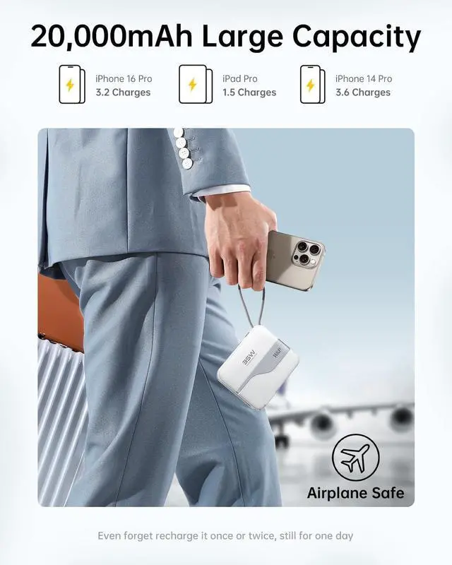 Alt view image 7 of 7 - W&P Portable Charger Power Bank with Built in Cables & AC Wall Plug,35W Fast Charging,20000mAh External Battery Pack for iPhone 16/15/14/13/12 Pro, iPad, MacBook Air, Samsung (Travel Essential)