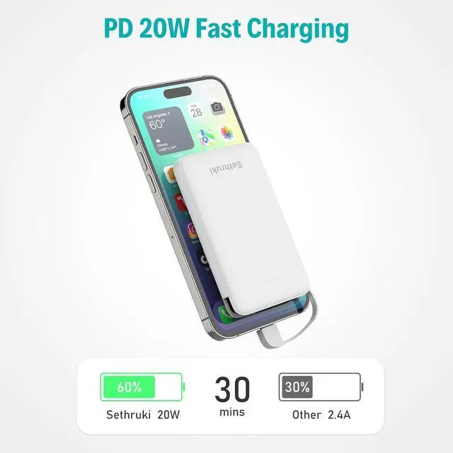 Alt view image 3 of 7 - Slim Power Bank,20W Fast Charging Small Portable Phone Charger Built in Cable for iPhone 14/13/12/11/X/8/7 Series,Thin Mini Lightweight Battery Pack 6000mAh