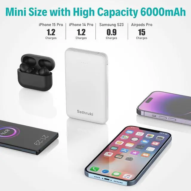 Alt view image 6 of 7 - Slim Power Bank,20W Fast Charging Small Portable Phone Charger Built in Cable for iPhone 14/13/12/11/X/8/7 Series,Thin Mini Lightweight Battery Pack 6000mAh