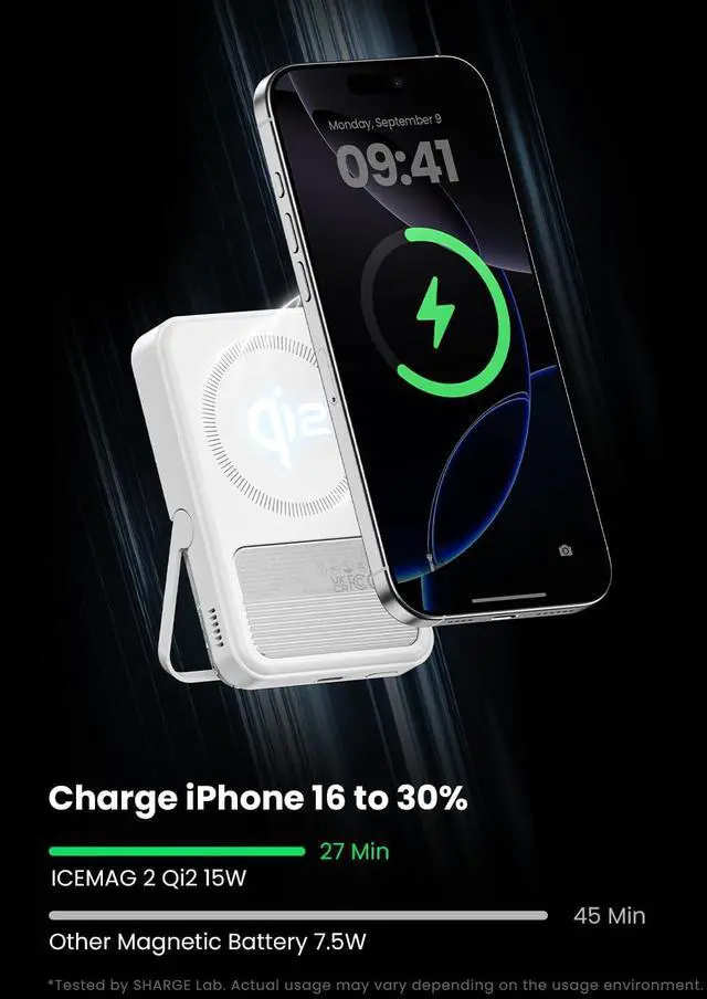Alt view image 3 of 7 - ICEMAG 2 MagSafe Power Bank, 15W Qi2 Magnetic Portable Charger with Active Cooling 10000mAh Battery Pack with Foldable Stand Transparent, Compatible for iPhone 16/15/14 Series