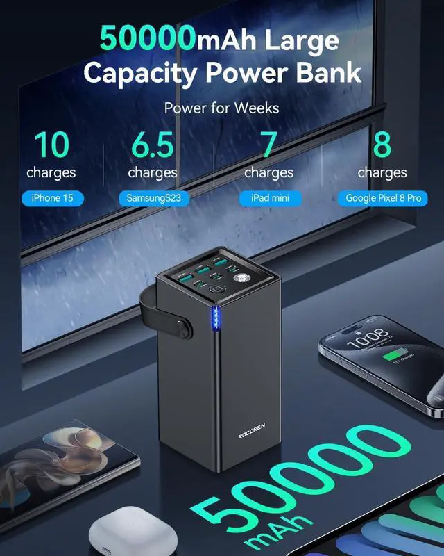 Alt view image 2 of 7 - Rocoren 6 Ports Portable Charger Power Bank 50000mAh for Multiple Devices, 67.5W USB C Fast Charging with LED Light for Outdoors Camping Essentials, Emergency Hurricane Preparedness Items (Black)