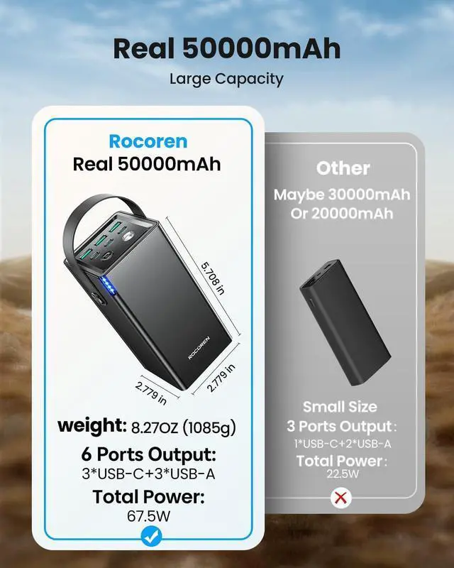 Alt view image 5 of 7 - Rocoren 6 Ports Portable Charger Power Bank 50000mAh for Multiple Devices, 67.5W USB C Fast Charging with LED Light for Outdoors Camping Essentials, Emergency Hurricane Preparedness Items (Black)