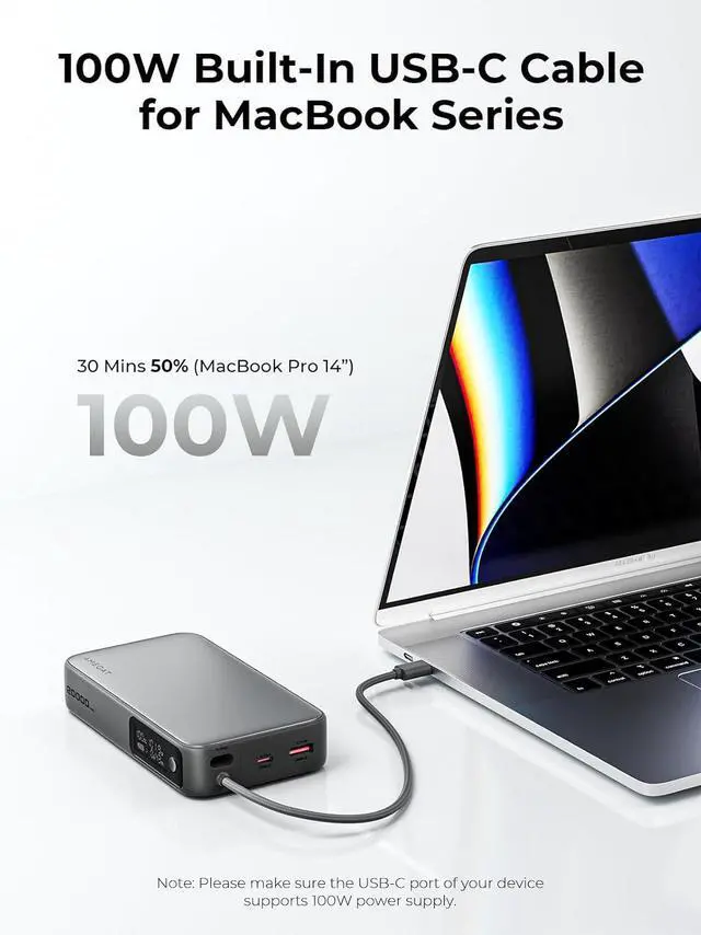 Alt view image 2 of 7 - Portable Charger 20000mAh, 100W PD Fast Charging Power Bank with Built-in USB C Cable Smart Digital Display Laptop Battery Pack for MacBook, iPad, iPhone, Samsung, Steam Deck and More
